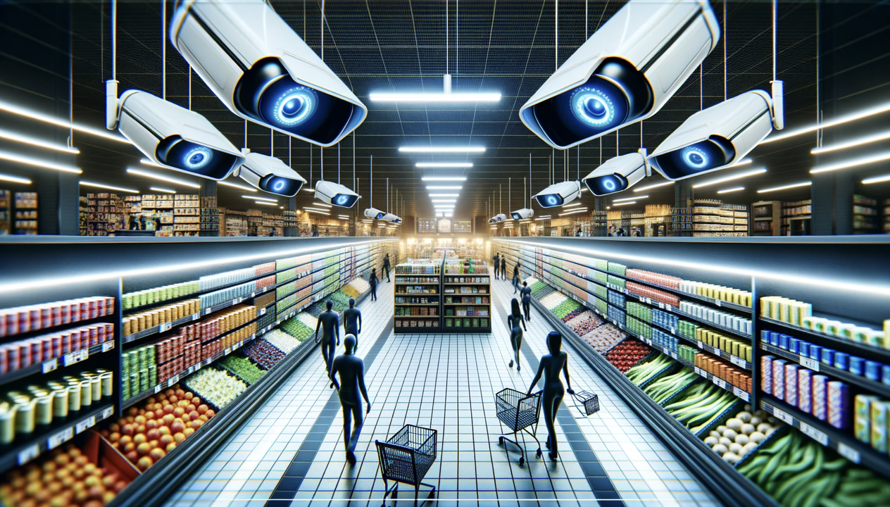 Bron: DALL-E, prompt: "Widescreen drawing of a supermarket using computer vision to monitor customers "